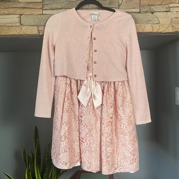 Holiday Party 2-Pc Lace Metallic Dress Sweater Set Party Formal Event Pink 14 - Picture 2 of 9